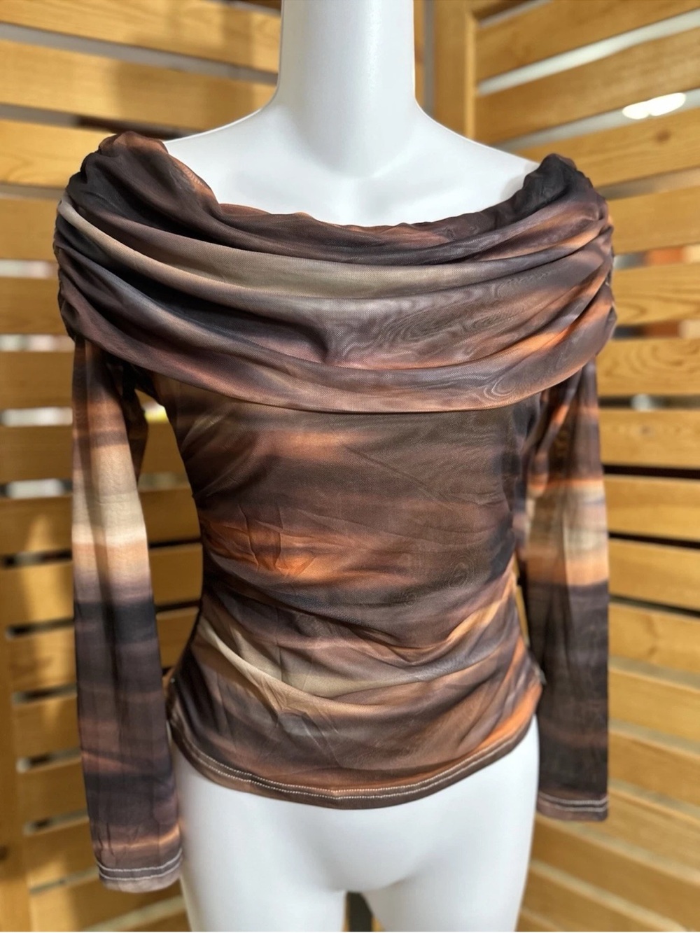 Draped Off-Shoulder Long Sleeve Top in Brown Multi-Tone